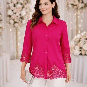 Lysse Salena Raspberry Pink lace trim blouse S